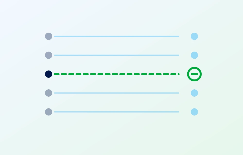 Five payments leaving on the left; four arrive, one runs dashed to an empty circle
